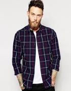 Asos Japanese Denim Shirt In Long Sleeve With Check - Navy