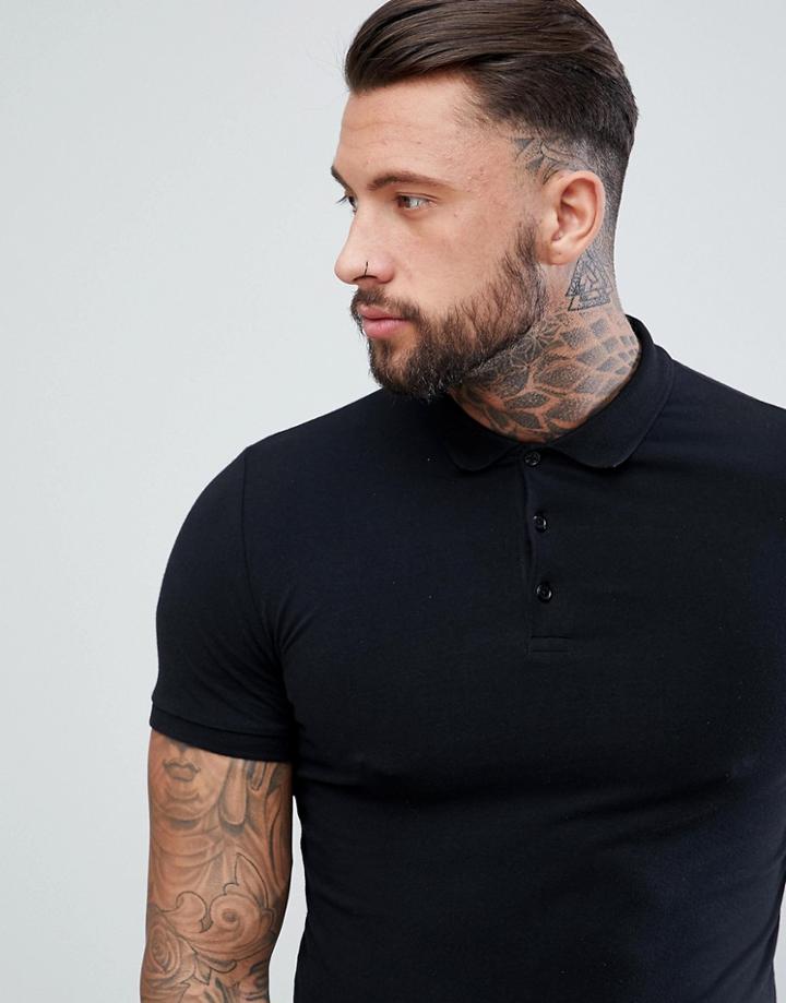 Asos Design Muscle Fit Jersey Polo In Black - Black