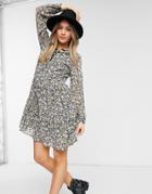 Pieces Skater Dress With Collar Detail In Blue Ditsy Floral-multi