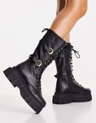 Asos Design Cosmic Premium Leather Chunky Lace Up Knee Boots In Black