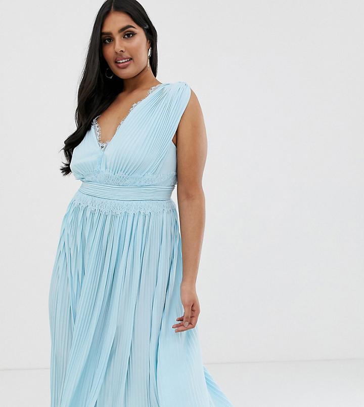 Asos Design Curve Premium Lace Insert Pleated Midi Dress-blue