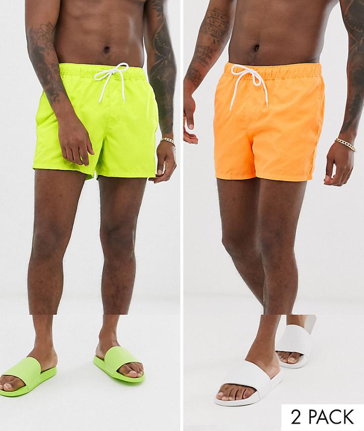 Asos Design Swim Shorts In Short Length In Neons 2 Pack Multipack Saving