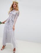 Asos Design Bridesmaid Long Sleeve Pretty Embroidered Maxi Dress - Gray