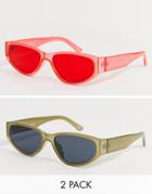 Asos Design 2 Pack Oval Sunglasses In Khaki Crystal With Smoke Lens And Red Crystal Color-multi