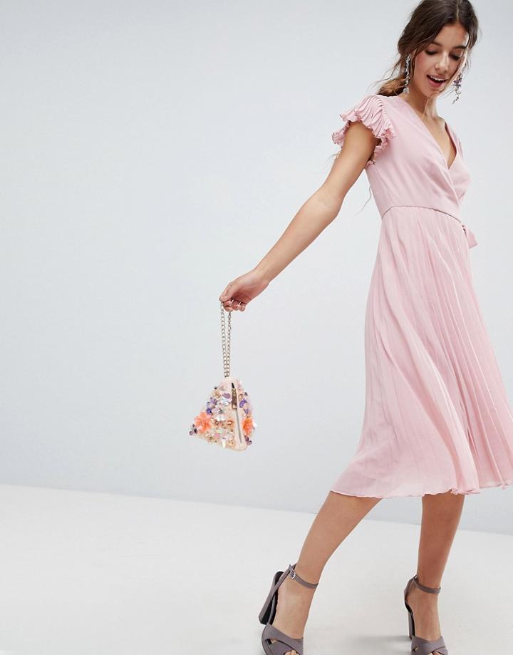 Asos Pleated Midi Dress With Flutter Sleeve - Pink