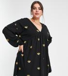 Asos Design Curve V Neck Mini Smock Dress With Gold Bug Embroidery-black