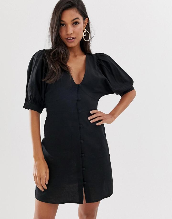 Asos Design Plunge Neck Casual Button Through Mini Skater Dress - Black