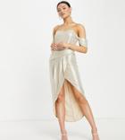 Jaded Rose Exclusive Off Shoulder Drape Midi Dress In Metallic Champagne-gold