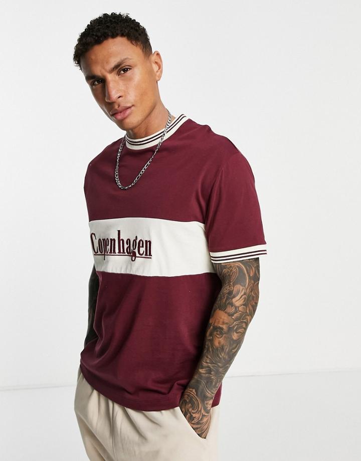 Asos Design Relaxed T-shirt In Burgundy Color Block With Tipped Collar And Cuffs And Copenhagen Print-red