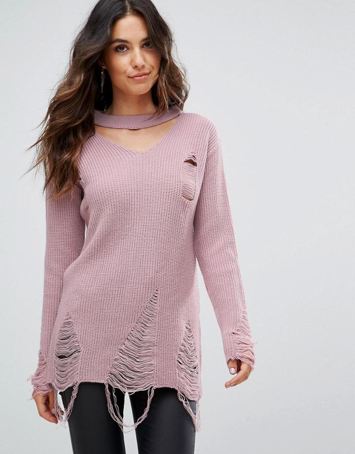 Club L Ladder Detail Choker Neck Sweater - Pink