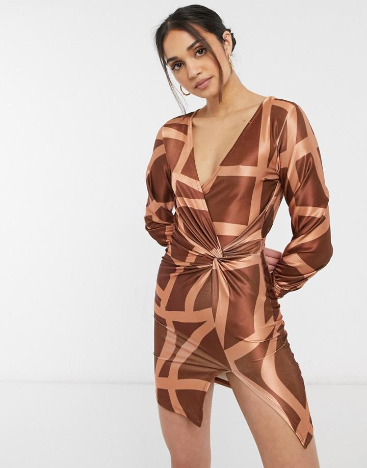 Asos Design Long Sleeve Slouchy Shirt Satin Mini Dress In Grid Print-neutral