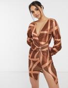 Asos Design Long Sleeve Slouchy Shirt Satin Mini Dress In Grid Print-neutral