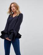 Vila Ruffle Hem Blouse With Tiered Sleeves-navy