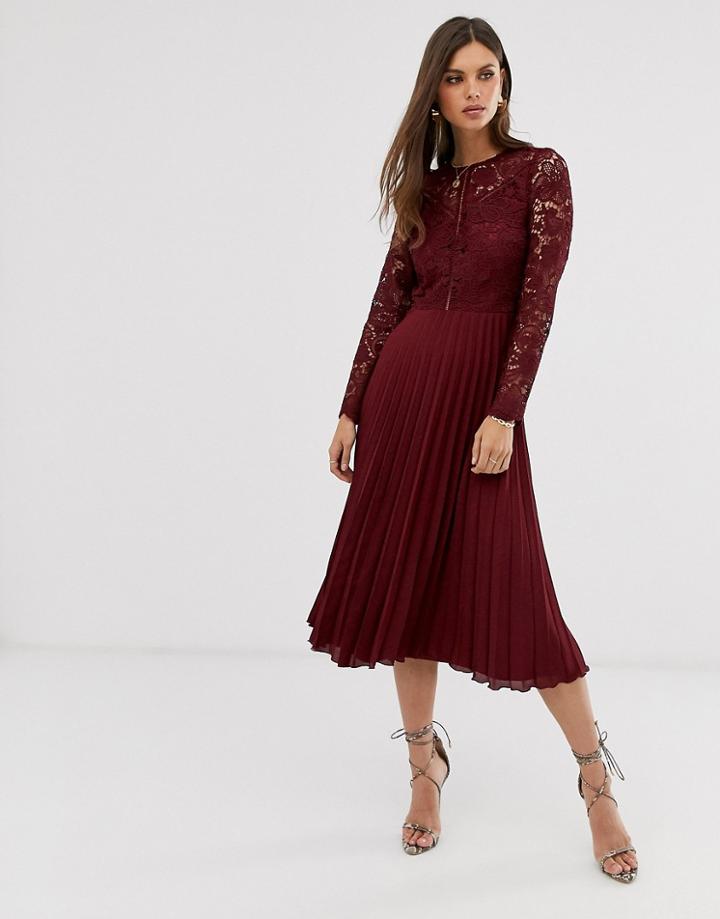 Asos Design Long Sleeve Lace Bodice Midi Dress With Pleated Skirt-green