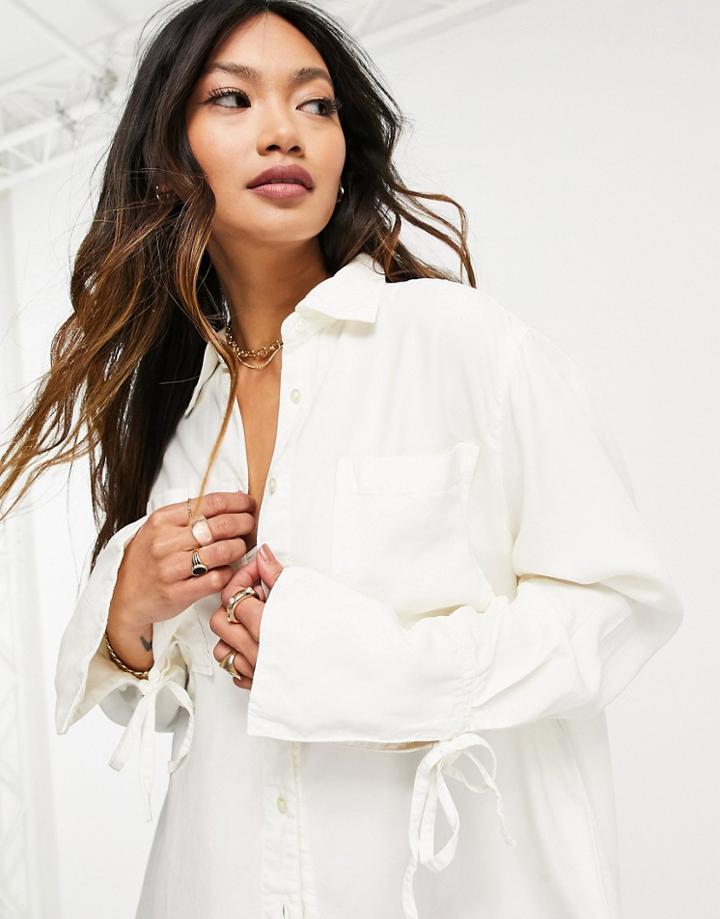 Asos Design Soft Denim Oversized Shirt In Ecru And Sleeve Detail-neutral