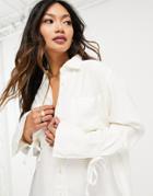 Asos Design Soft Denim Oversized Shirt In Ecru And Sleeve Detail-neutral