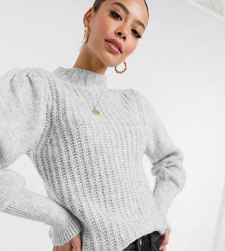 Missguided Tall Sweater With Pleated Puff Sleeves In Gray-grey