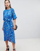 Y.a.s Floral Tie Front Midi Dress With Kimono Sleeve - Multi