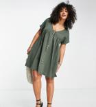Asos Design Curve Short Sleeve Mini Smock Dress With Large Button Detail In Khaki-green