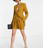 Asos Design Tall Linen Striped Suit Shorts In Mustard And Blue-multi