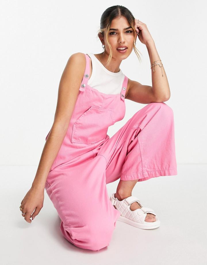 Stradivarius Cropped Wide Leg Denim Overalls In Pink