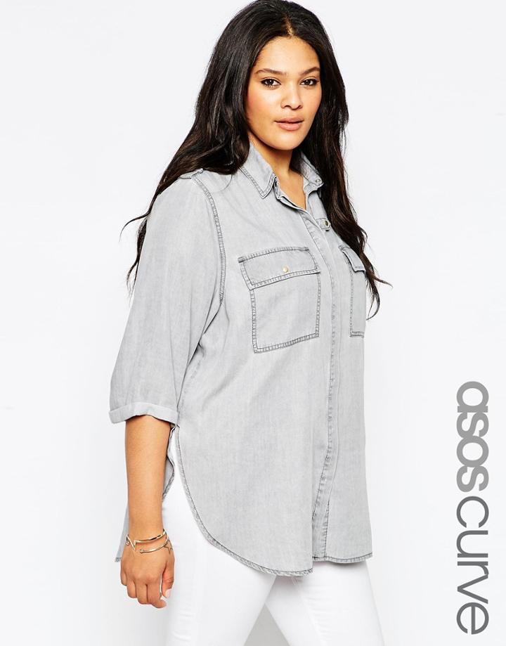 Asos Curve Denim Boyfriend Slouch Shirt - Gray
