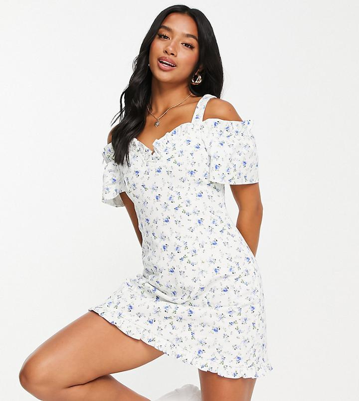 Topshop Petite Denim Ditsy Bardot Mini Dress-white