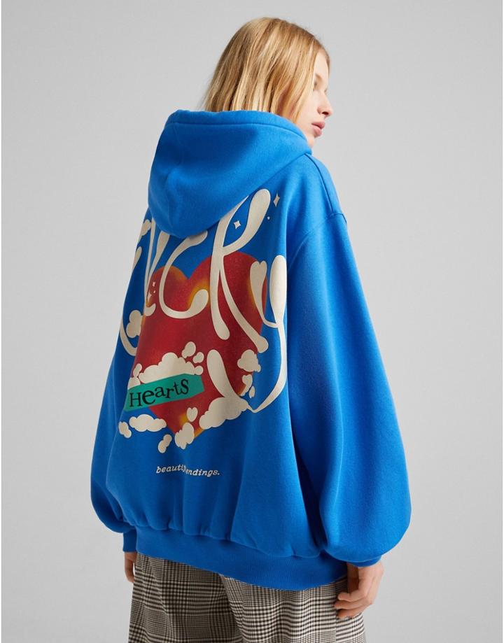 Bershka Oversized Retro Hoodie In Cobalt-blue