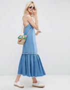 Asos Denim Maxi Dress In Pretty Blue Wash With Tiered Hem - Blue