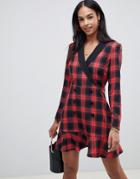 Asos Design Plaid Check Mini Tux Dress With Long Sleeves And Pephem-multi