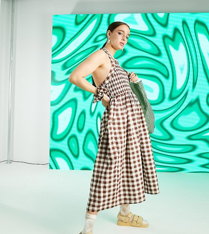 Collusion Shirred Halterneck Gingham Midi Sundress In Brown