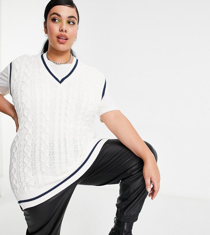 In The Style Plus X Saffron Barker Cable Knit Slit Sweater Vest In Cream-white