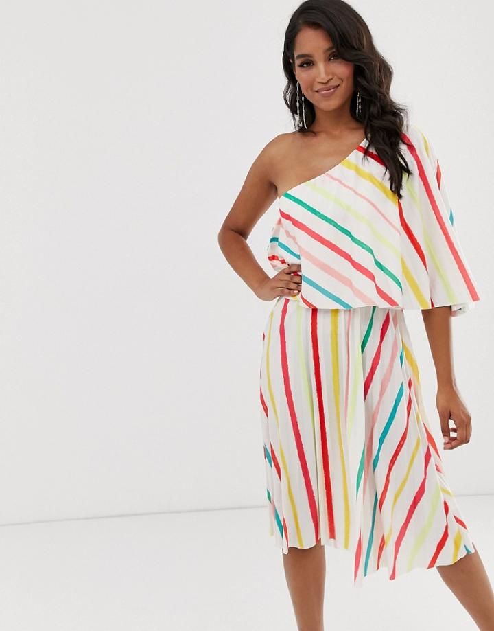 Asos Striped One Shoulder Pleated Crop Top Midi Dress - Multi