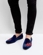 Asos Loafers In Navy Velvet With Rose Embroidery - Navy