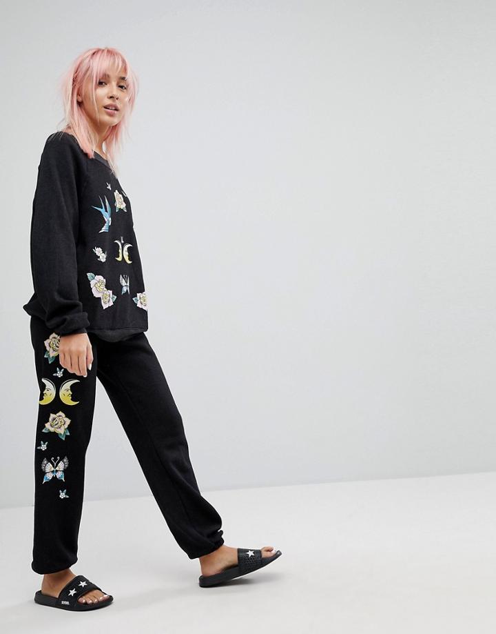 Wildfox Bird And Rose Print Jogger - Black