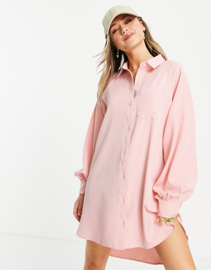 Lola May Oversized Dip Hem Shirt Dress In Coral Stripe-orange