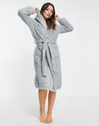 River Island Sherpa Cozy Hooded Dressing Gown In Gray