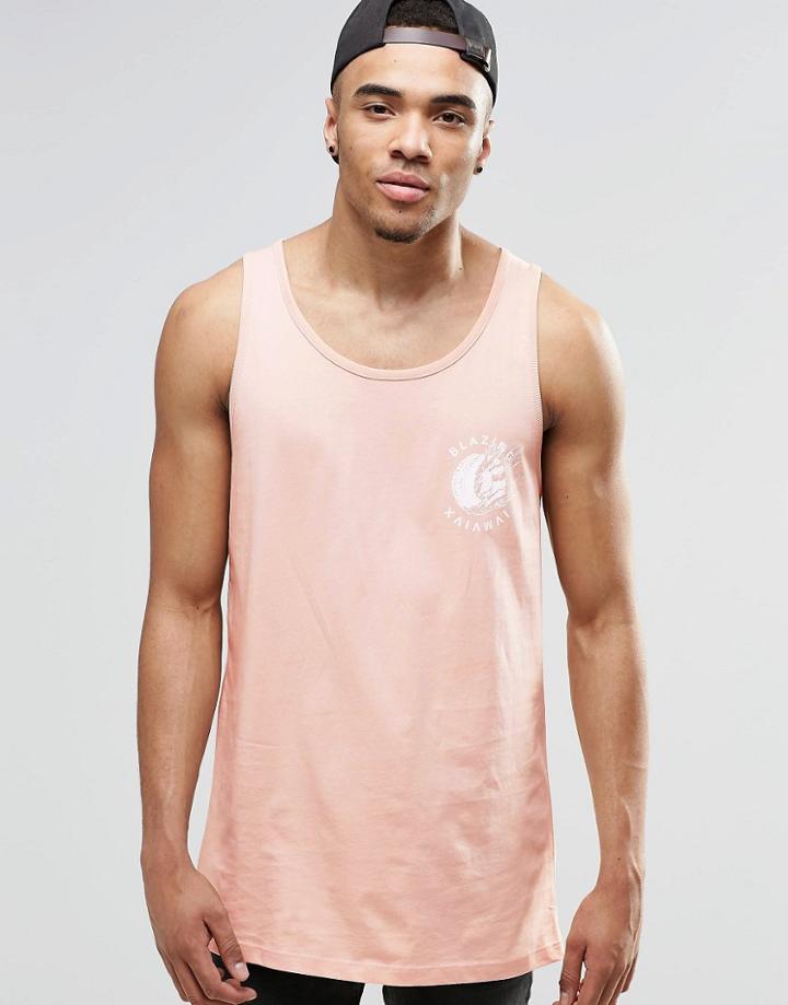 Asos Relaxed Longline Tank With Blazing Front And Back Print - Pink