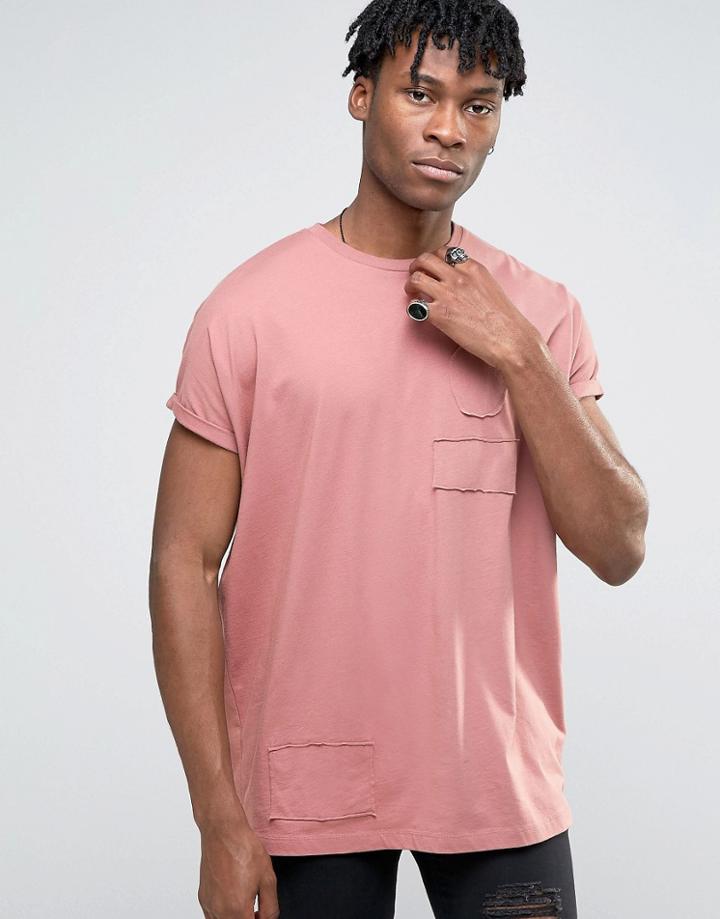 Asos Super Oversized T-shirt With Patches And Roll Sleeve In Pink - Pink