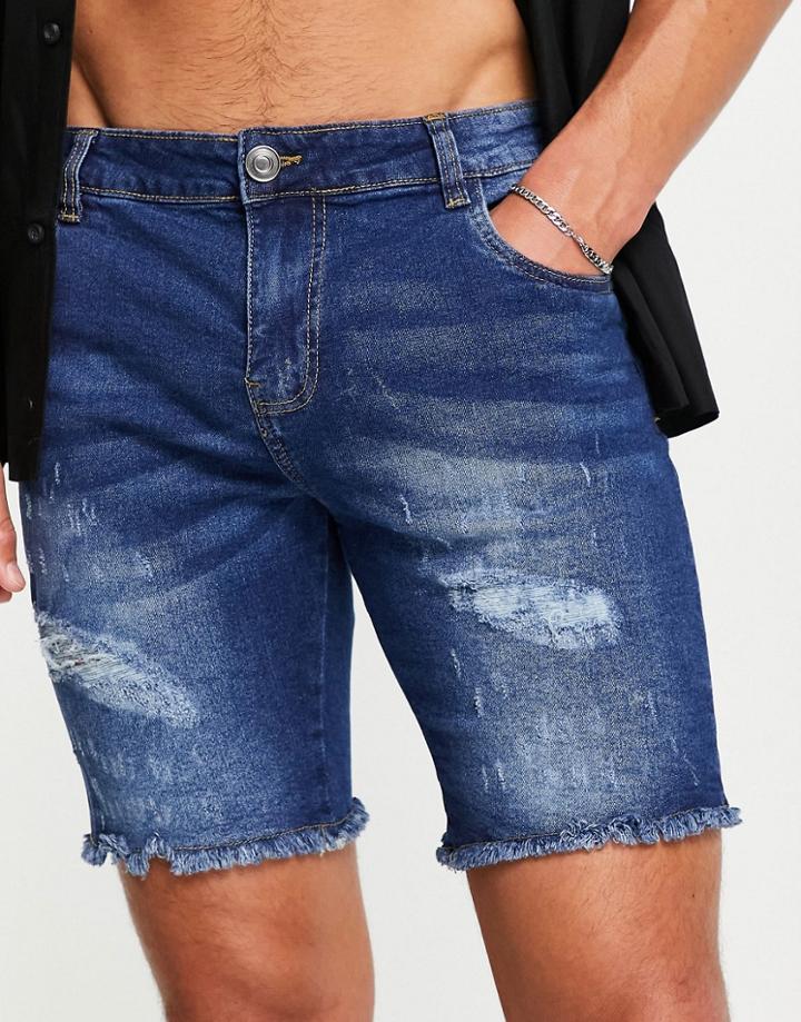 Night Addict Destroyed Hem Denim Shorts In Indigo-blues