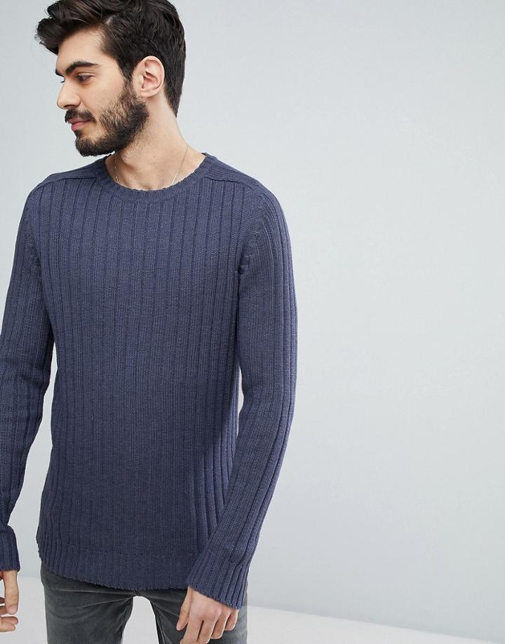 Brave Soul Wide Rib Crew Neck Sweater - Blue