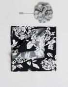 Devils Advocate Floral Printed Pocket Square With Floral Lapel Pin - Black