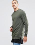 Asos Longline Muscle Sweatshirt With Side Zips In Khaki - Khaki