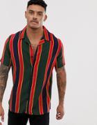 New Look Regular Fit Revere Shirt In Green Stripe - Green