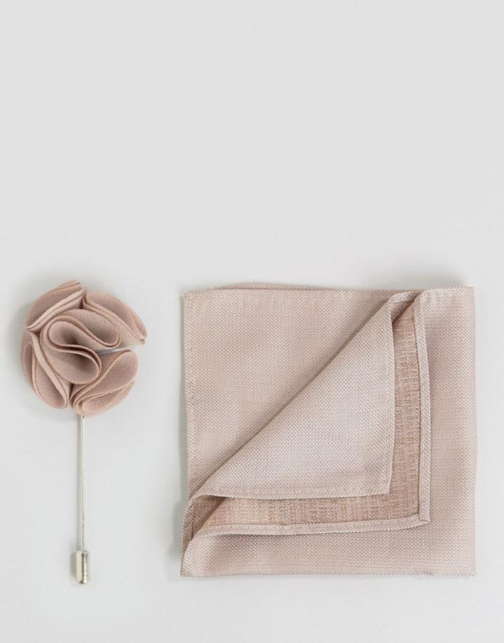 Feraud Silk Pocket Square With Lapel Pin Set - Tan