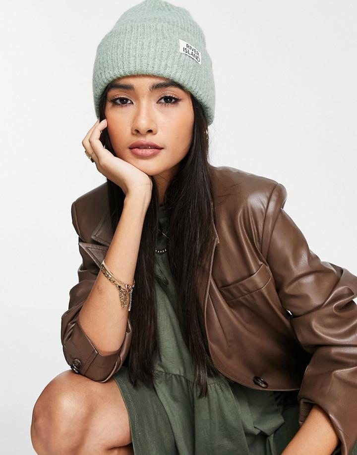 River Island Branded Patch Clean Beanie In Green