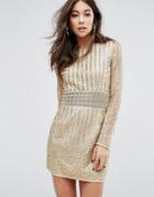 Prettylittlething Premium All Over Embellished Bodycon Dress - Beige