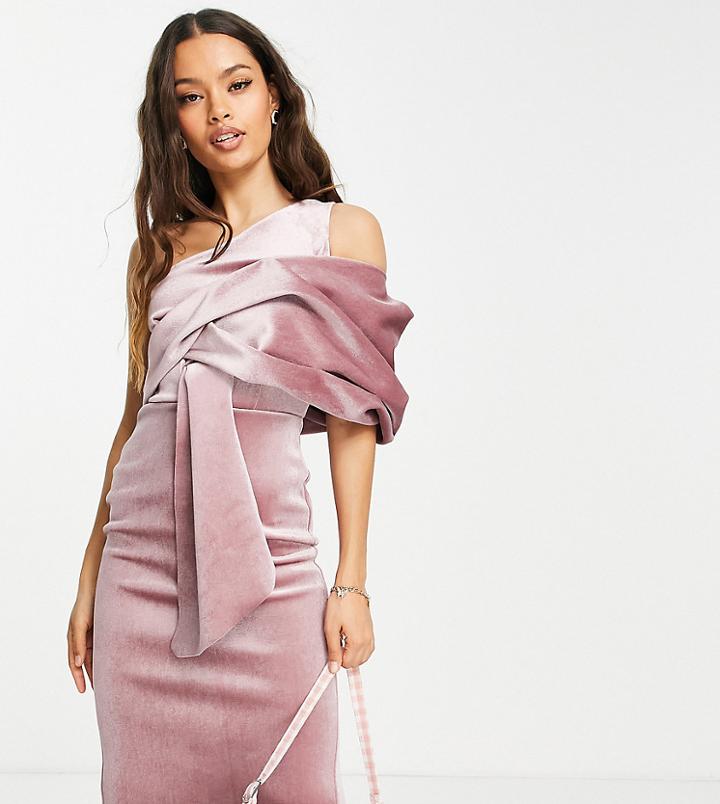 Asos Design Petite Velvet Peekaboo Shoulder Tuck Midi Pencil Dress In Rose Pink