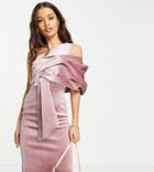 Asos Design Petite Velvet Peekaboo Shoulder Tuck Midi Pencil Dress In Rose Pink