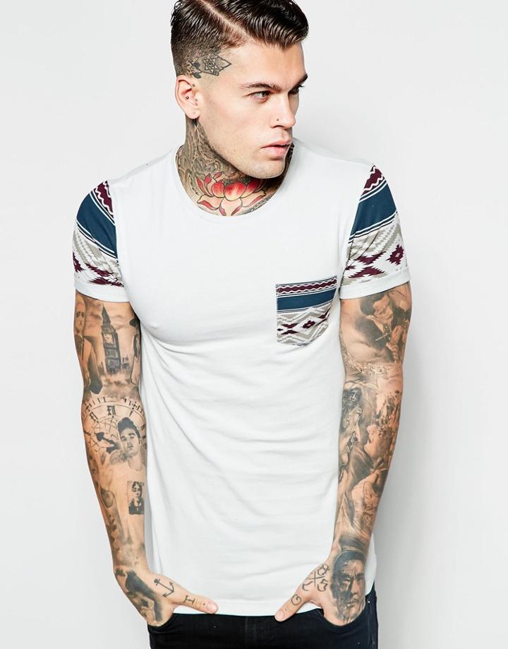 Asos Muscle T-shirt With Roll Sleeves And Geo-tribal Print - Glacier Gray